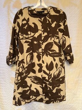 New York & Company White & Brown Floral Hidden Snap Front Jacket Size Medium